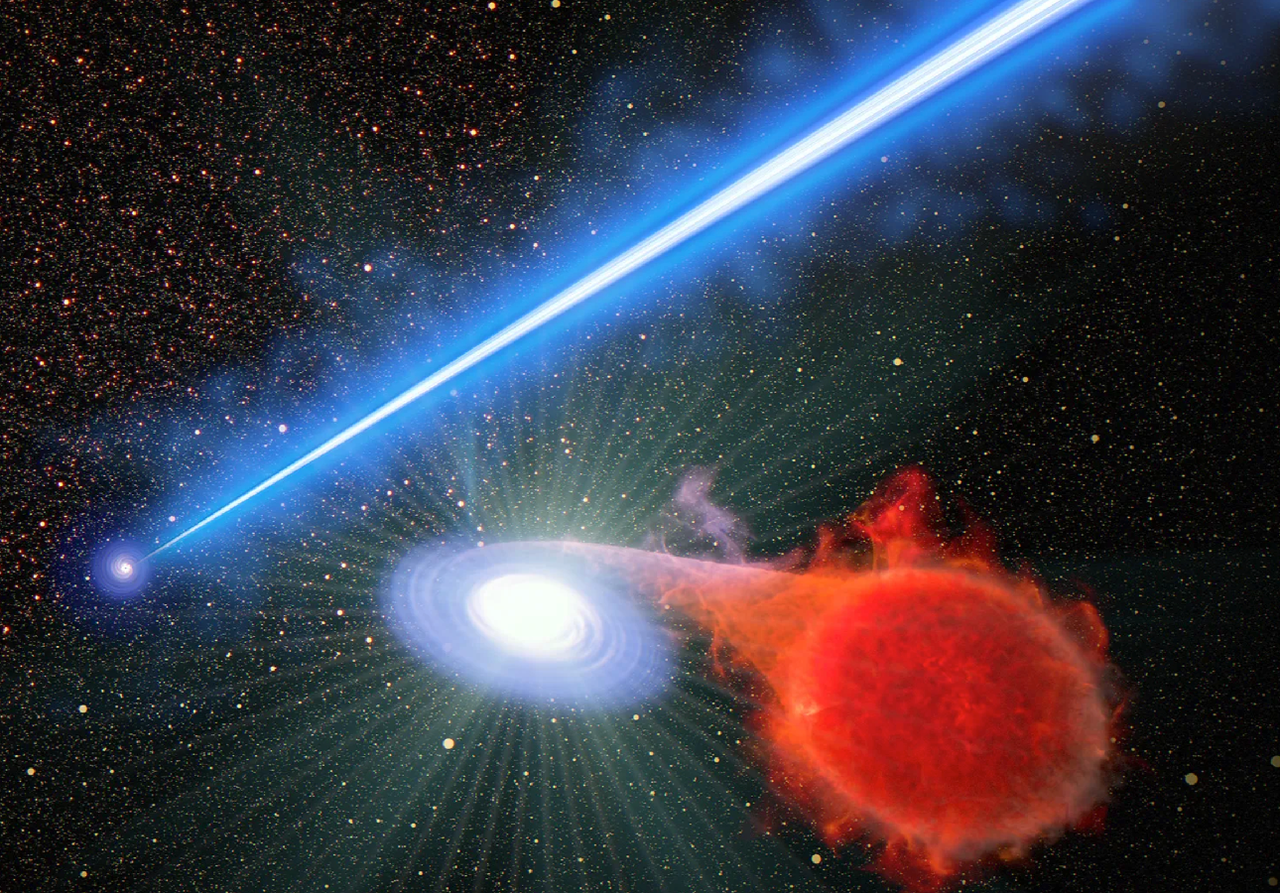 Rappresentazione artistica del jet emesso dal buco nella galassia M87 che innesca l'esplosione di stelle novae lungo il suo percorso. Credit: NASA, ESA, Joseph Olmsted (STScI)