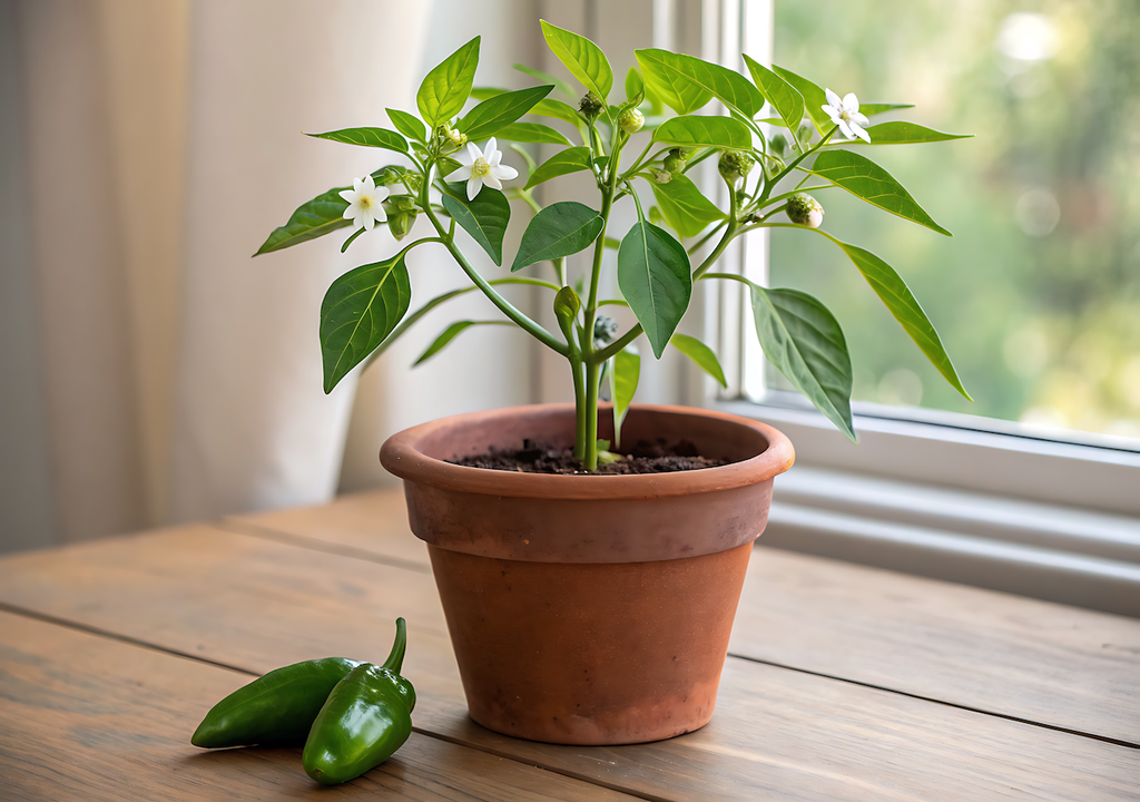 Blühende Chilipflanzen, Standort, Temperaturen , Blüten, Früchte Blühende Chilipflanzen benötigen einen ruhigen, hellen Standort – gleichmäßige Temperaturen helfen, dass sich aus den Blüten später aromatische Früchte entwickeln.