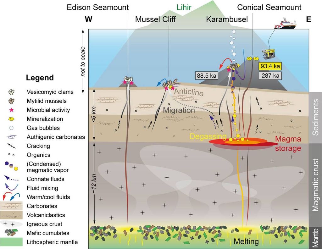Besondere Geologie des Conical Seamount: Unter dem Vulkan lagern mächtige Sedimentschichten, die organisches Material enthalten. Die Wärme des aufsteigenden Magmas heizt diese Schichten auf, wobei Methan entsteht. Gleichzeitig treibt die magmatische Wärme mineralreiche Fluide nach oben. Beide Flüssigkeiten treten nebeneinander am Karambusel-Hydrothermalfeld aus. Besondere Geologie des Conical Seamount: Unter dem Vulkan lagern mächtige Sedimentschichten, die organisches Material enthalten. Die Wärme des aufsteigenden Magmas heizt diese Schichten auf, wobei Methan entsteht. Gleichzeitig treibt die magmatische Wärme mineralreiche Fluide nach oben. Beide Flüssigkeiten treten nebeneinander am Karambusel-Hydrothermalfeld aus.