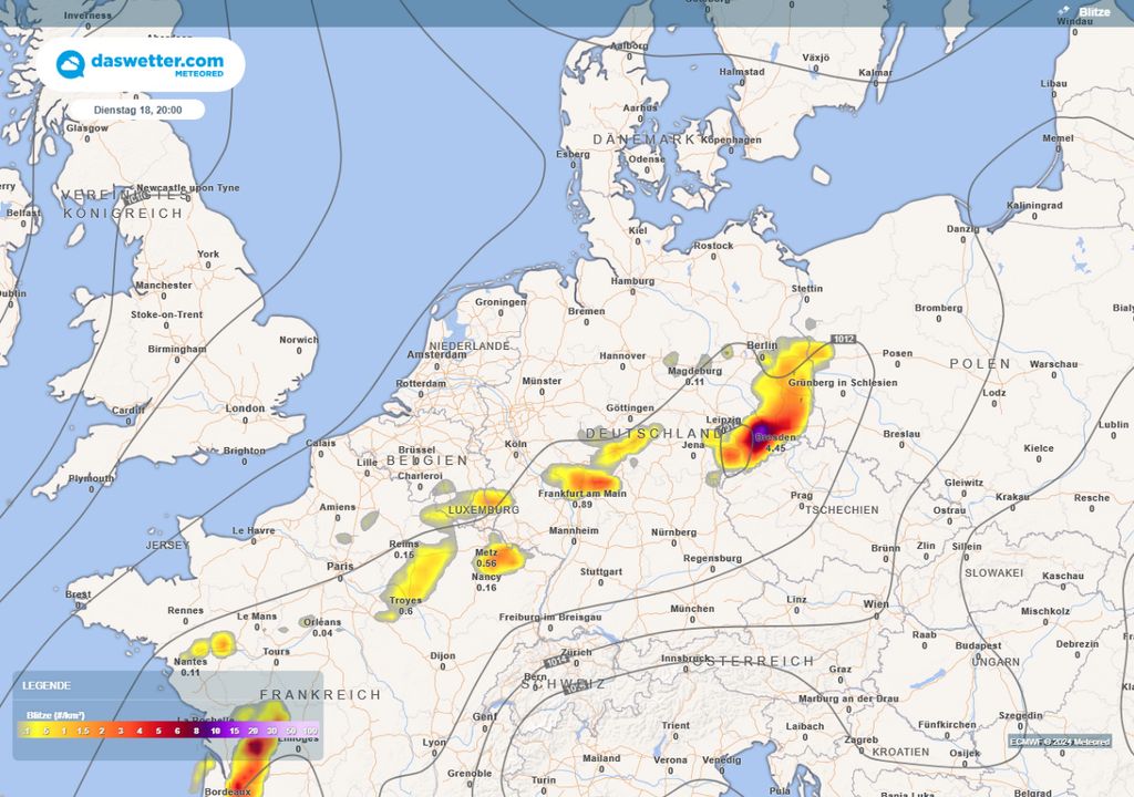 Karte mit Gewitterwahrscheinlichkeit für Dienstag, 18.06.2024