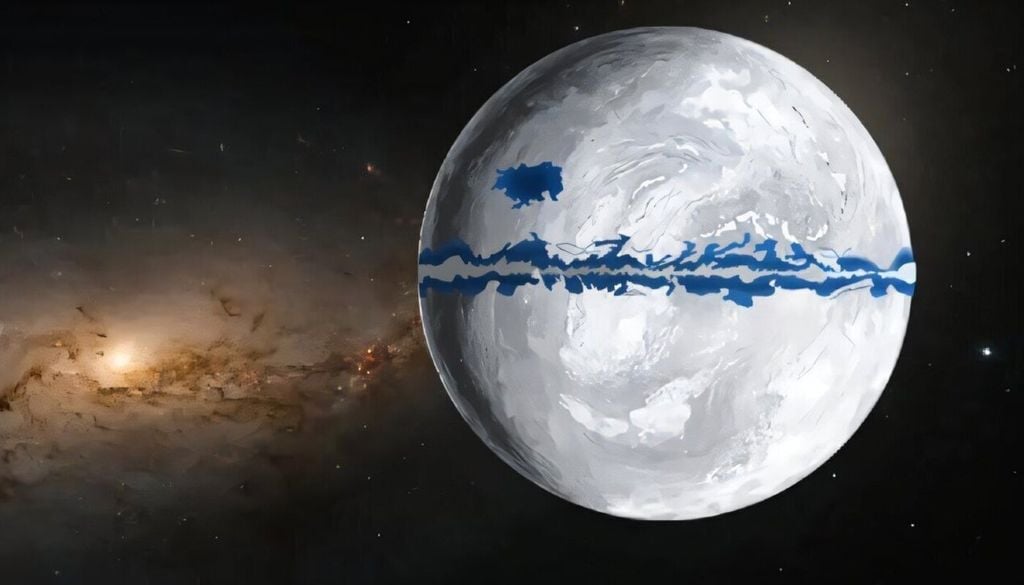 Künstlerische Darstellung der Schneeball-Erde. Künstlerische Darstellung der Schneeball-Erde. Bild: Song et al., 2023, https://doi.org/10.1038/s41467-023-37172-x