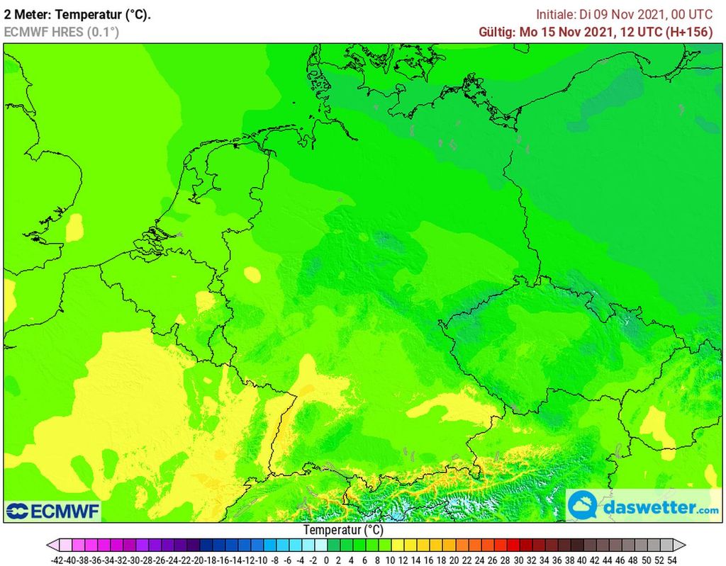 Kalter Montag? Vom winterlichen Montag ist beim europäischen Wettermodell ECMWF nicht mehr viel geblieben. Im Südwesten sind sogar bis zu 13 Grad drin.