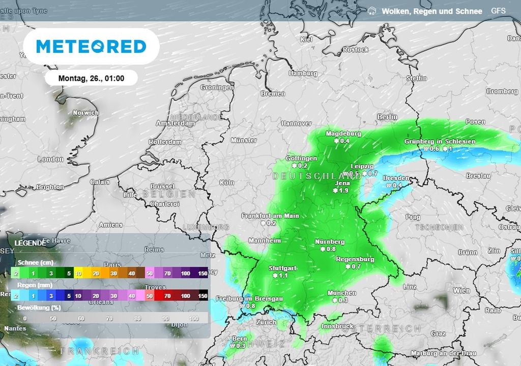 In der Nacht auf Montag liegt die Schneefront über weiten Teilen Süddeutschlands.