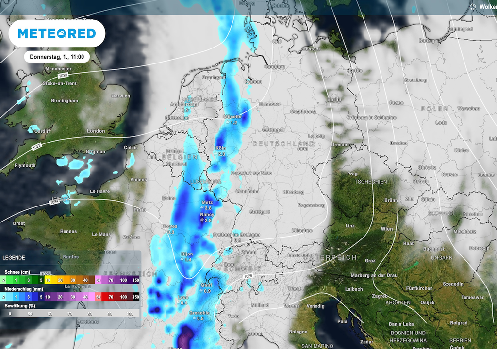Regenband, Donnerstag, Saarland, Regen Ein schmales Regenband erreicht am Donnerstag das ausgetrocknete Saarland. Die Karte zeigt jedoch: Der ersehnte Regen fällt sehr ungleichmäßig – für eine nachhaltige Entspannung reicht das kaum.