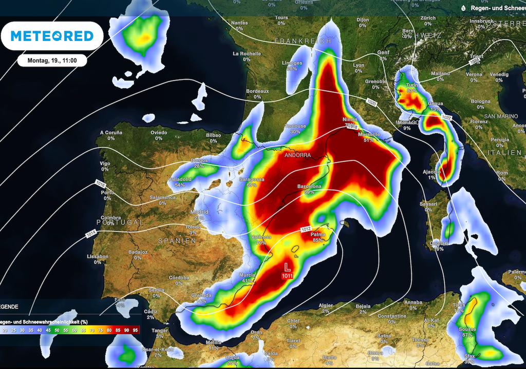 Regengefahr auf breiter Front: Spaniens Mittelmeerküste und die Balearen bleiben im Fokus Regengefahr auf breiter Front: Spaniens Mittelmeerküste und die Balearen sind heute Vormittag auch weiterhin im Fokus gewesen.