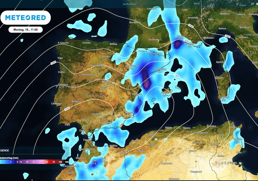 Niederschlagsprognose, Montagvormittag, Regengebiete vor Spaniens Ostküste, Balearen, Tief Die Niederschlagsprognose für Montagvormittag zeigte kräftige Regengebiete vor Spaniens Ostküste – auch die Balearen lagen im Einflussbereich des Tiefs.