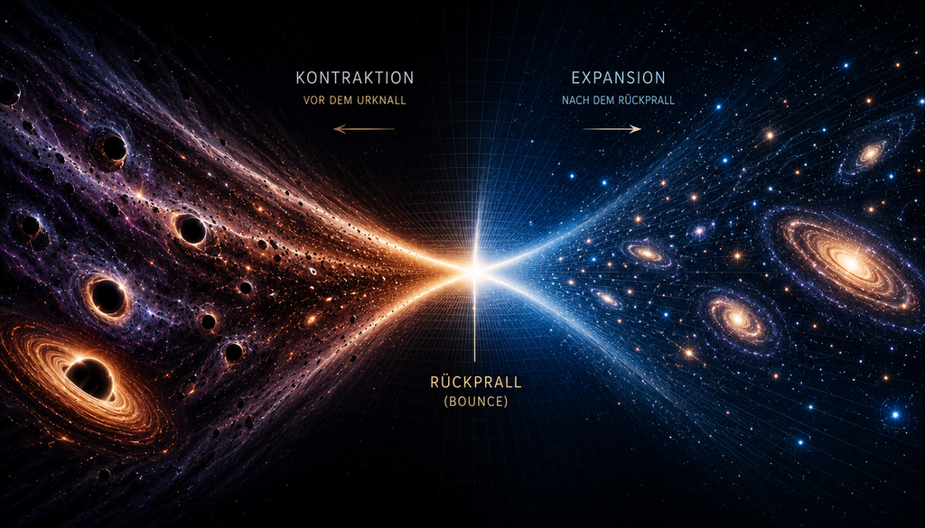 Einige Wissenschaftler denken, dass sich das Universum vor dem Urknall aus zusammengezogen haben könnte, bis es sich beim Urknall wieder explosionsartig ausgedehnt hat. Einige Wissenschaftler denken, dass sich das Universum vor dem Urknall aus zusammengezogen haben könnte, bis es sich beim Urknall wieder explosionsartig ausgedehnt hat. Bild: AI