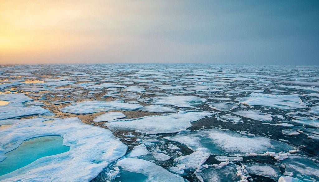 Sea ice in the Arctic ocean. Cloud-forming particles near the edge of Arctic sea ice increased as much as 50 times in a single day.