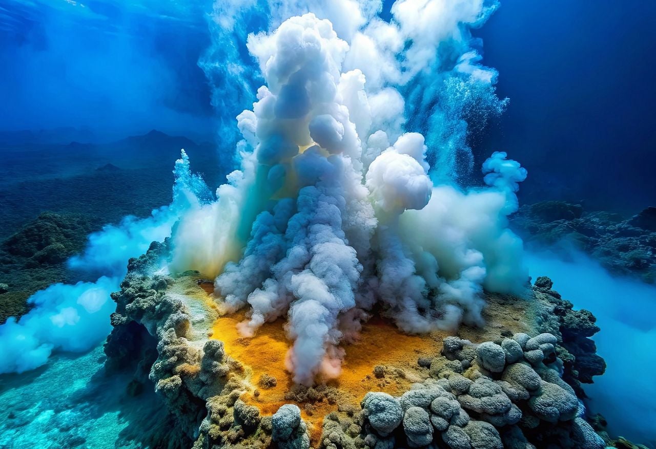 Ricostruzione con IA di una emissione idrotermale sul fondale marino.
