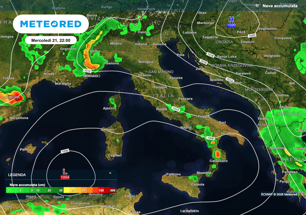 La mappa della neve prevista fino a giovedì prossimo da ECMWF: tanta neve al nordovest, ed anche attorno all'Etna. ancor più neve sembra cadere in Aspromonte, ma restano quasi senza nevicate le Alpi orientali, incluse le montagne Olimpiche.
