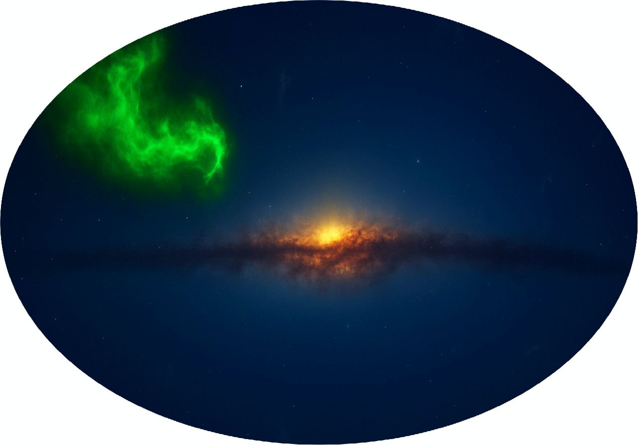 Rappresentazione artistica di una nube ad alta velocità (di colore verde) con una struttura interna complessa. Credit: SHAO