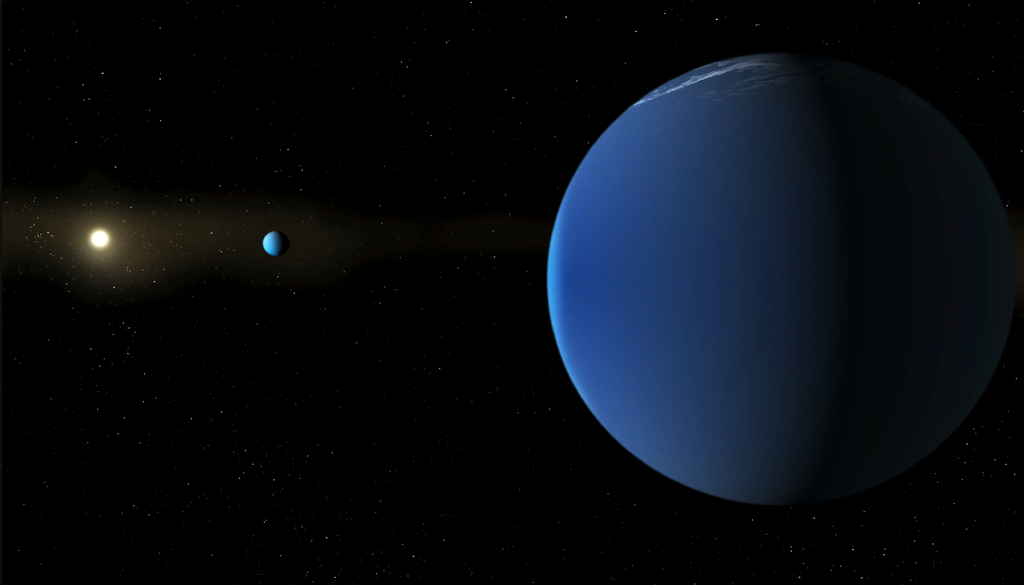 Questa illustrazione raffigura la stella TOI-791, simile al Sole, e due pianeti giganti scoperti in orbita attorno ad essa dal telescopio spaziale TESS della NASA. Tali pianeti, denominati TOI-791 b e TOI-791 c, hanno dimensioni paragonabili a quelle di Giove ma una massa che ne rappresenta solo una minima frazione; ciò implica una densità straordinariamente bassa. Credit: NASA / Daniel Rutter