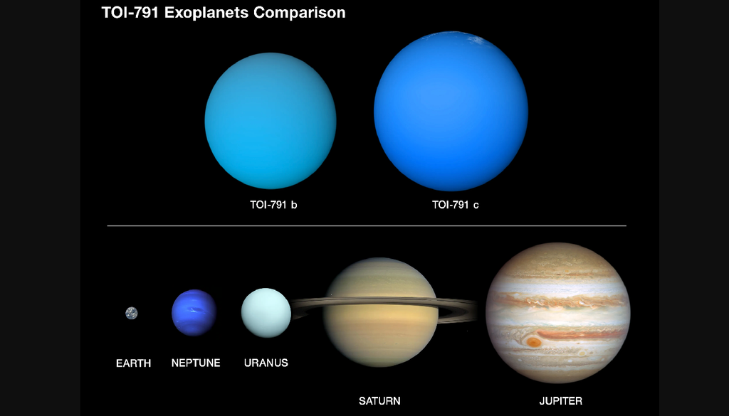 Un confronto tra le dimensioni dei pianeti TOI 791 b e c con i pianeti del Sistema Solare. Credit: NASA / Daniel Rutter