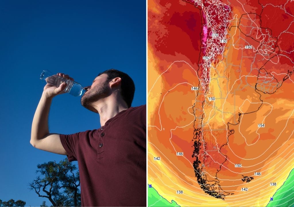 persona bebiendo agua y un mapa meteorológico