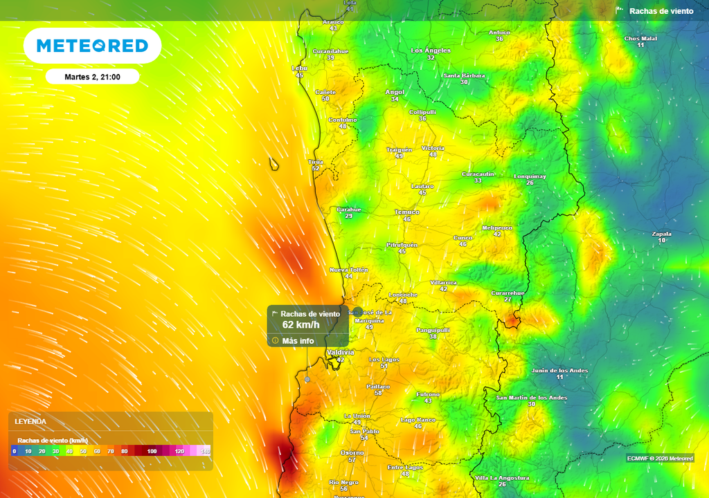 Segundo sistema frontal se aproxima a Chile centro-sur Rachas de viento (km/h) para la noche del martes (02) en el centro-sur de Chile.
