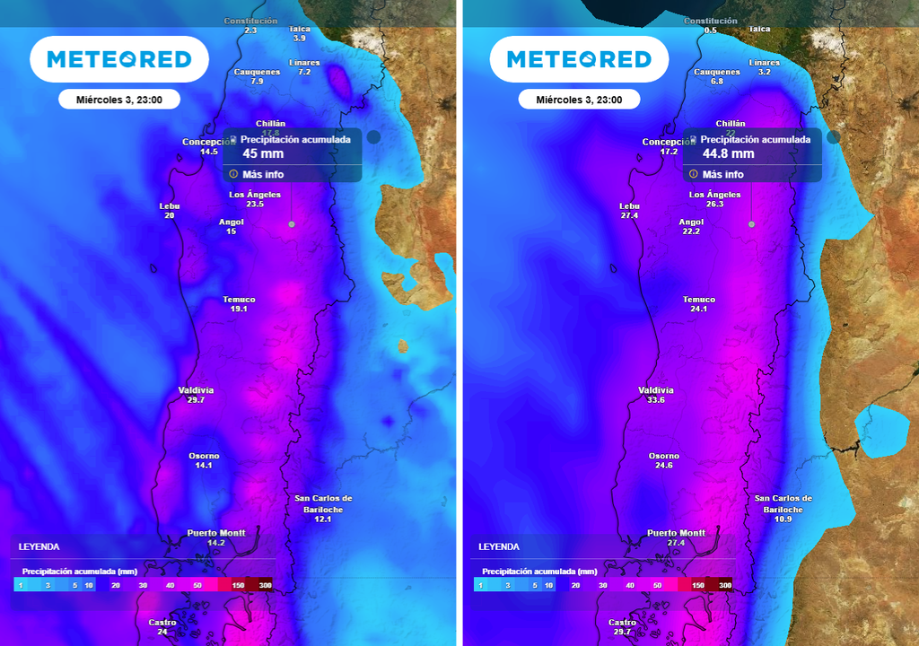 Segundo sistema frontal se aproxima a Chile centro-sur Precipitación acumulada (mm) hasta la noche del miércoles en el centro-sur de Chile. Información del ECMWF (imagen izquierda) y GFS (imagen derecha).