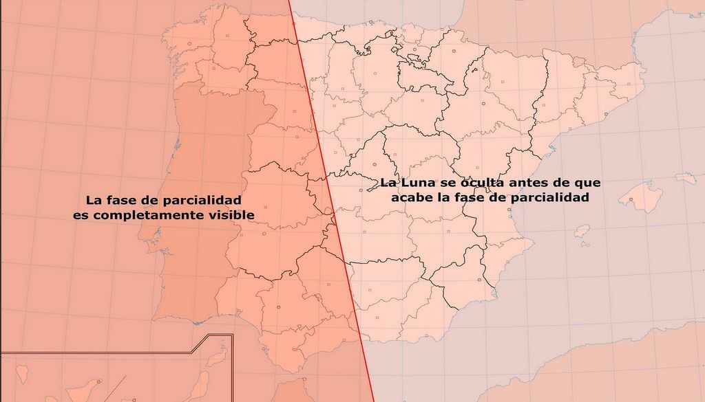 Este mapa del Instituto Geográfico Nacional nos muestra las zonas que tendrán la fase de parcialidad completamente visible, y en las que la Luna se ocultará antes de que acabe la fase total de parcialidad.