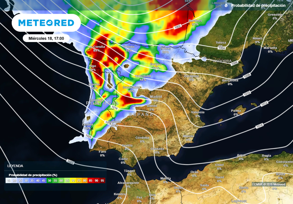El frente avanzará de oeste a este mañana, con precipitaciones más cuantiosas en el tercio norte peninsular.