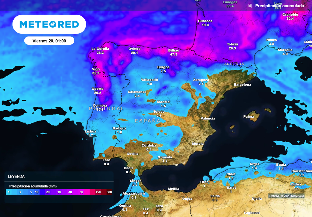 Amplias zonas de la vertiente mediterránea y de Andalucía quedarán al margen de este episodio de precipitaciones, que serán cuantiosas en el extremo septentrional.