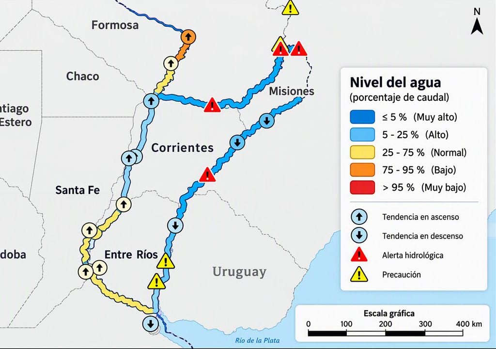 Condición hídrica Condición hídrica de los principales cursos de la Cuenca del Plata. Se indica además de la tendencia, la superación de niveles de alerta y evacuación (triángulos rojos y amarillos). Fuente: INA