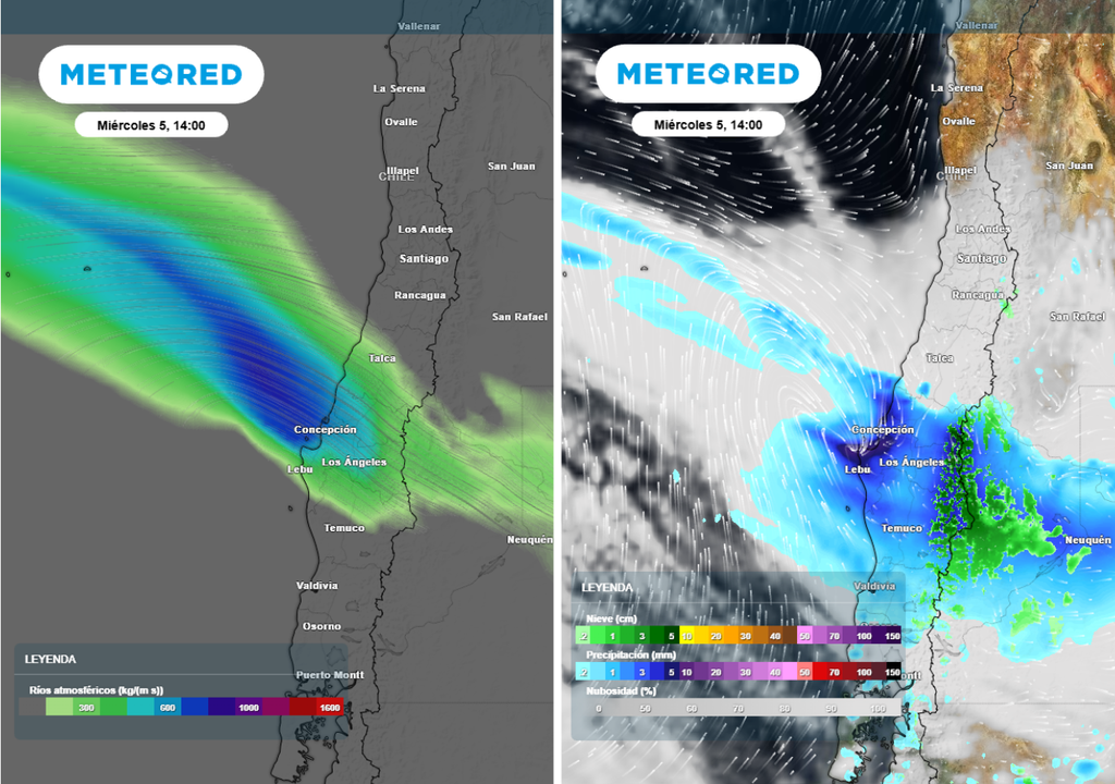 mapas de río atmosférico y precipitaciones Este miércoles arribará un nuevo río atmosférico al centro del país, aportando montos más significativos a la cordillera.