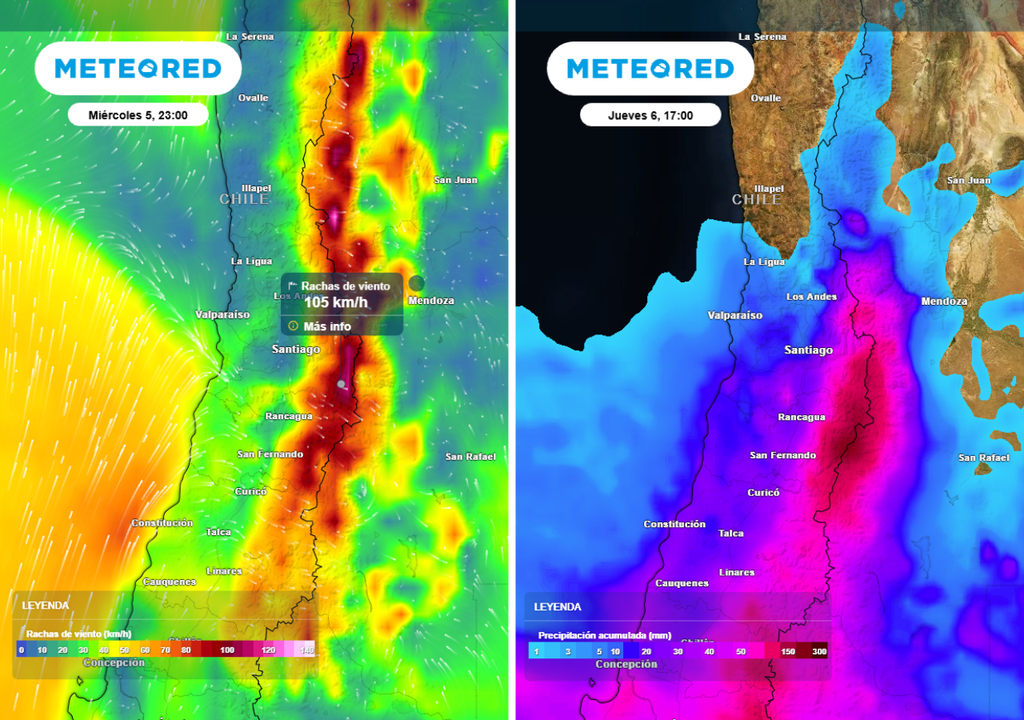 mapas de rachas de viento y acumulado Los acumulados podrían rondar loso 60 mm en cordillera, mientras que las rachas de viento alcanzarían los 100 km/h.