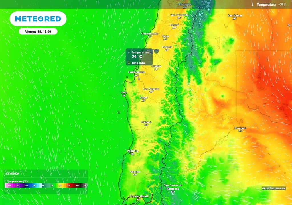 Meteored pronostica abundante lluvia para Chile centro-sur en Fiestas Patrias Temperatura máxima (°C) para el viernes 18 de septiembre en Chile centro-sur.