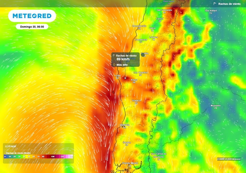 Meteored pronostica abundante lluvia para Chile centro-sur en Fiestas Patrias Rachas de viento (km/h) para la madrugada del domingo 20 de septiembre en Chile centro-sur.