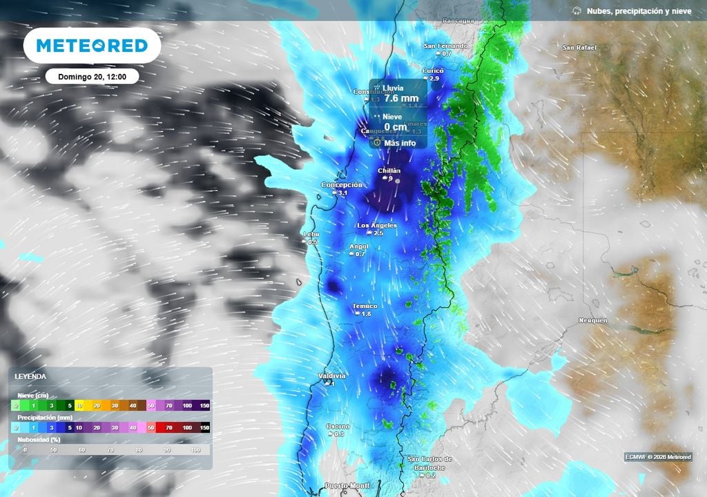 Meteored pronostica abundante lluvia para Chile centro-sur en Fiestas Patrias Precipitación (mm) para el mediodía del domingo 20 de septiembre en Chile centro-sur.