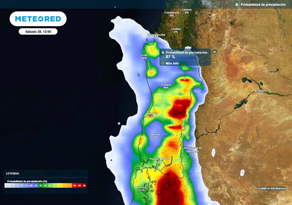 Probabilidad de precipitación (%) para el mediodía del sábado 28 de febrero 2026 en Chile centro-sur.