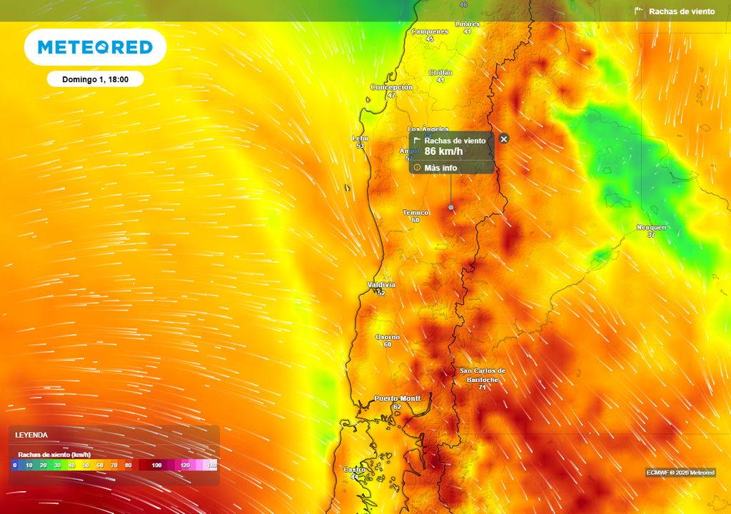 Rachas de viento (km/h) para la tarde del domingo 01 de marzo 2026 en Chile centro-sur.