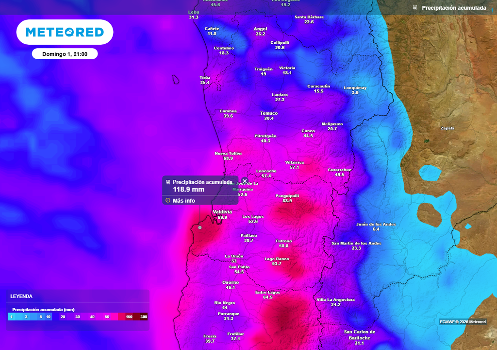 Precipitación acumulada (mm) hasta la noche del domingo 01 de marzo 2026 en Chile centro-sur.