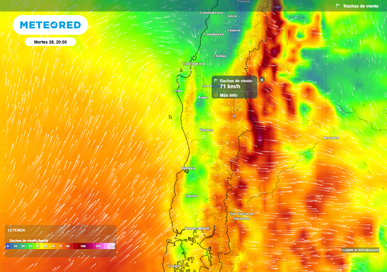 Las rachas de viento serán intensas en el litoral, la precordillera y cordillera de Los Andes.