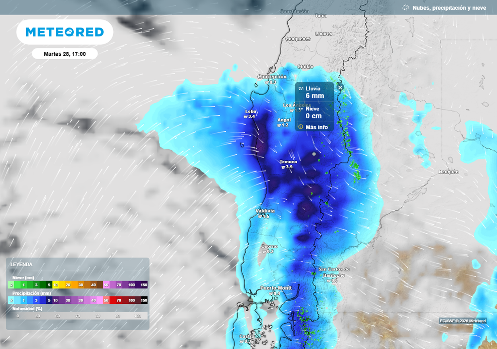 Precipitación (mm) para la tarde del martes 28 de abril 2026 en Chile centro-sur.