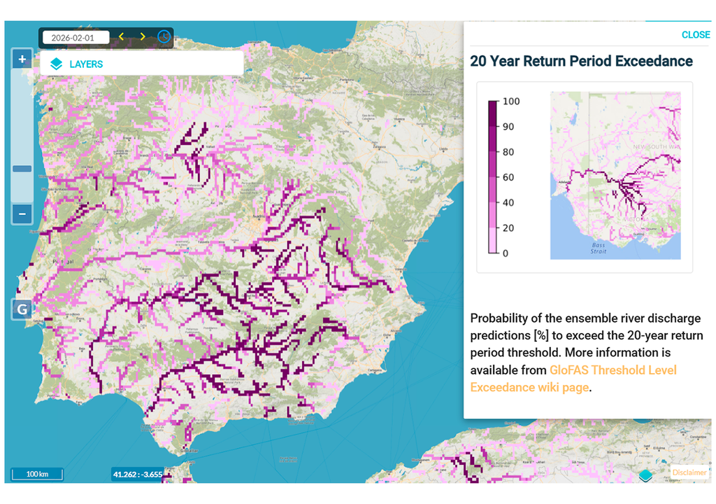GloFAS muestra una probabilidad muy alta de crecidas con períodos de retorno de 20 años en varias cuencas en los siguientes días.