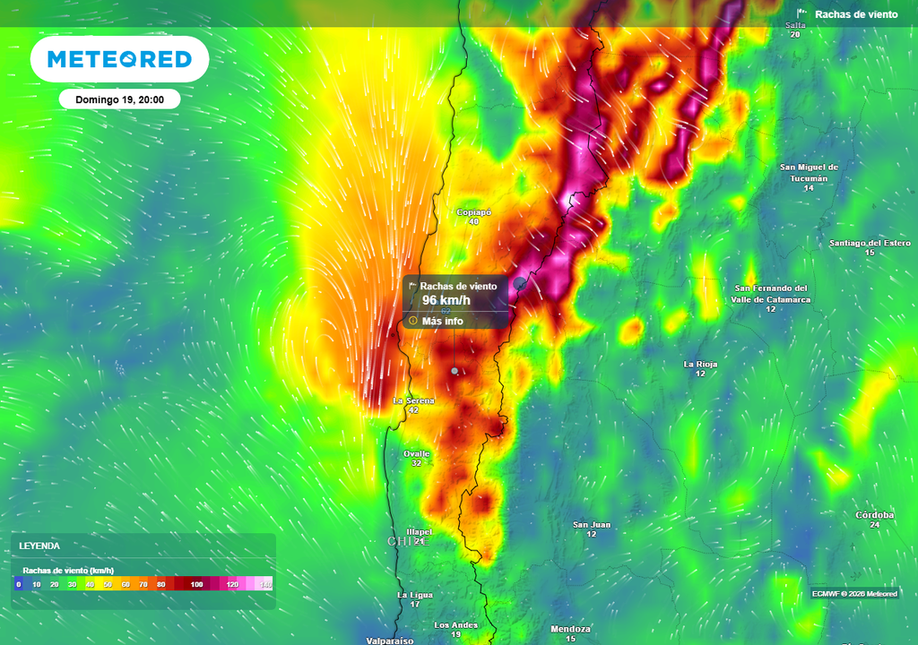 Temporal llegaría con rachas de viento de 100 km/h a Atacama y Coquimbo Rachas de viento (km/h) para la noche del domingo (19) en las regiones de Atacama y Coquimbo.