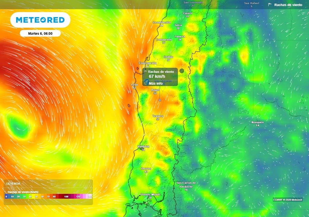 Meteored pronostica que se aproxima una baja segregada a Chile centro-sur Rachas de viento (km/h) para la mañana del martes (06) en Chile centro-sur.