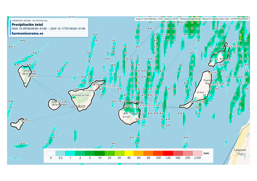 Precipitación acumulada total prevista para las próximas 48 horas en Canarias. Fuente: Harmoniearome.es.