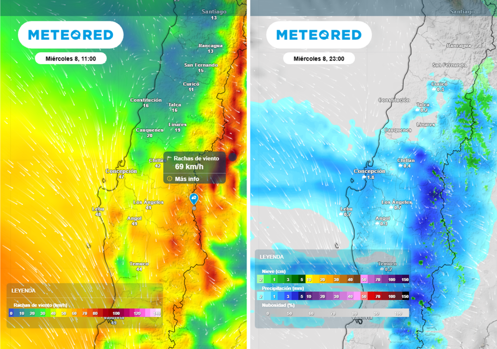 Este miércoles se intensificarán las lluvias en sectores del Biobío y Ñuble; las rachas de viento también se sentirán más fuertes.
