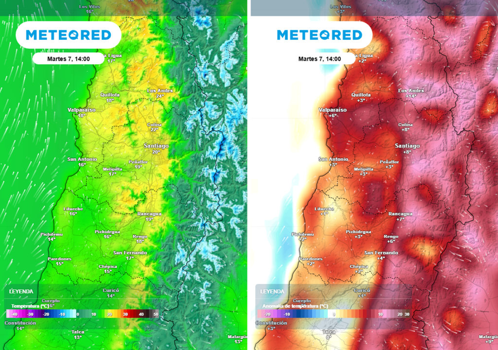 Entre el lunes y martes presenciaremos un aumento térmico asociado a una dorsal en altura: las máximas estarán por encima de 20 °C en comunas como San Felipe y Colina.