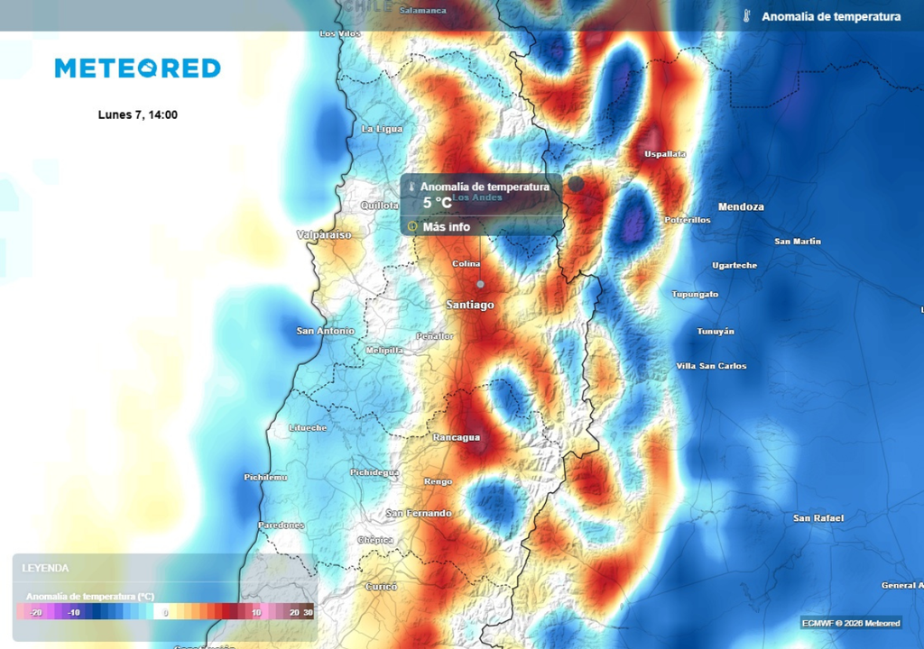 mapa de anomalía de temperatura Mientras en la costa seguiría la nubosidad baja y temperaturas contenidas, en el valle de la RM las máximas seguirán sobre lo normal, con máximas superiores a los 20 grados.