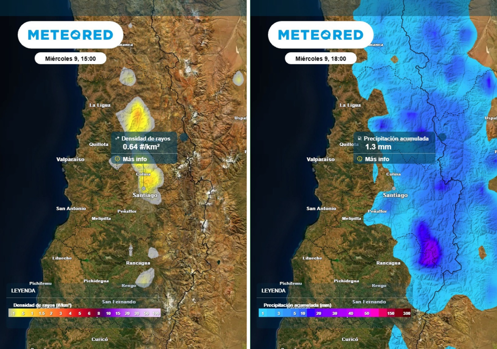 mapas de densidad de rayos y de acumulado de precipitación Este miércoles, a pesar de ser poco probable, se presentarían chubascos débiles y actividad eléctrica en la cuenca y precordillera de la RM.