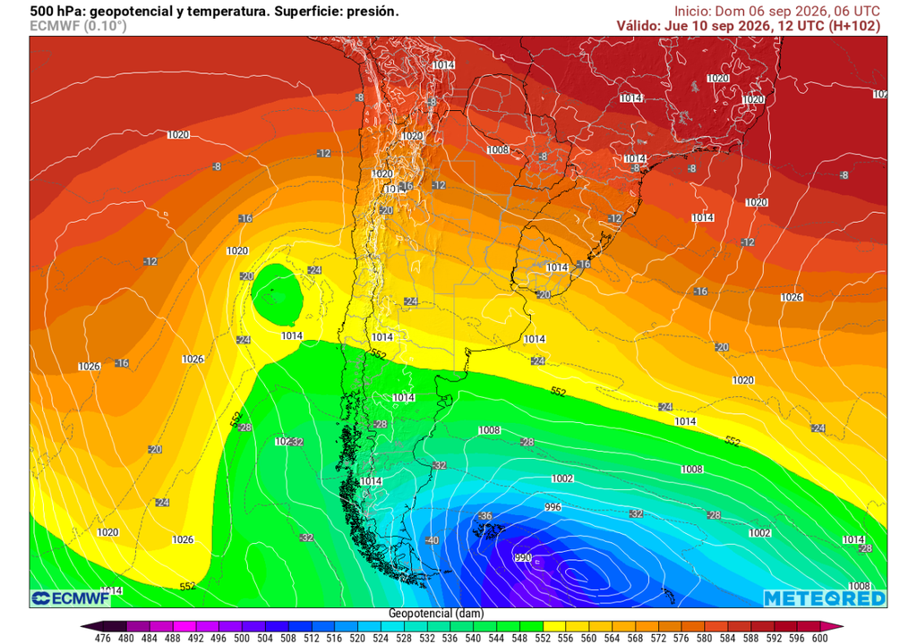carta de geopotencial y temperatura en 500 hPa No se descarta la formación de una baja segregada hacia finales de semana, con posible impacto en la zona central.