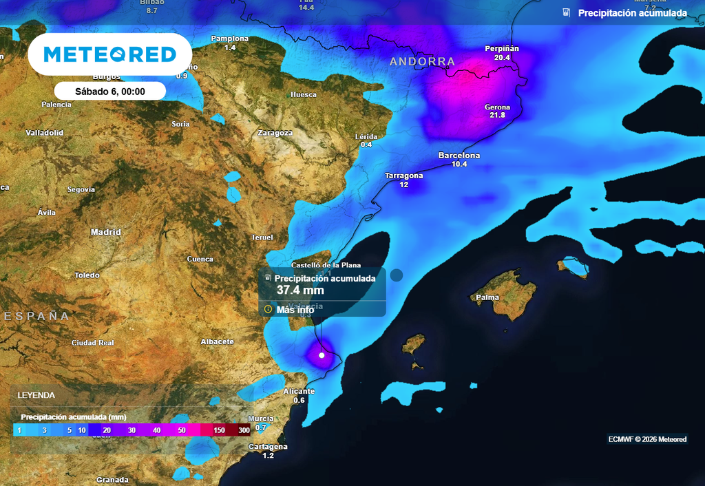 Los acumulados de precipitación serán más significativos en Cataluña y en el sur del golfo de Valencia.