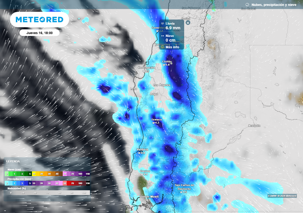 Sistemas frontales en Chile centro-sur, Meteored Precipitación (mm) para la tarde del jueves 16 de abril 2026 en Chile centro-sur.