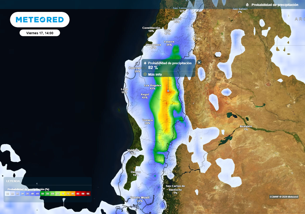 Sistemas frontales en Chile centro-sur, Meteored Probabilidad de precipitación (%) para la tarde del viernes 17 de abril 2026 en Chile centro-sur.