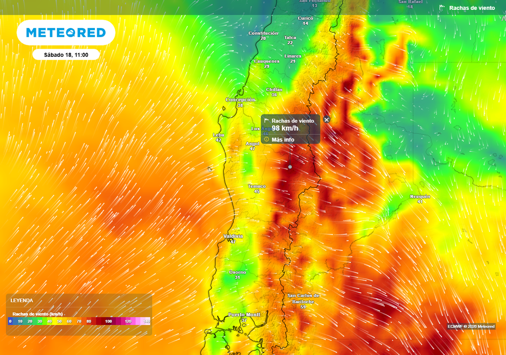 Sistemas frontales en Chile centro-sur, Meteored Rachas de viento (km/h) para la mañana del sábado 18 de abril 2026 en Chile centro-sur.