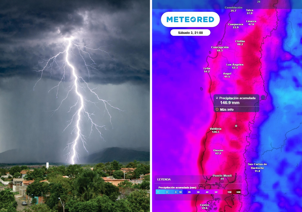 Lluvias sobre 100 mm, tormentas eléctricas y rachas de viento de 80 km/h para Chile centro-sur Chile centro-sur se pronostica con una semana de primavera invernal.