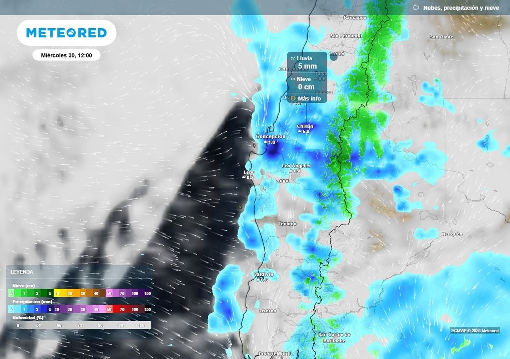 Lluvias sobre 100 mm, tormentas eléctricas y rachas de viento de 80 km/h para Chile centro-sur Precipitación (mm) para el mediodía del miércoles (30) en Chile centro-sur.