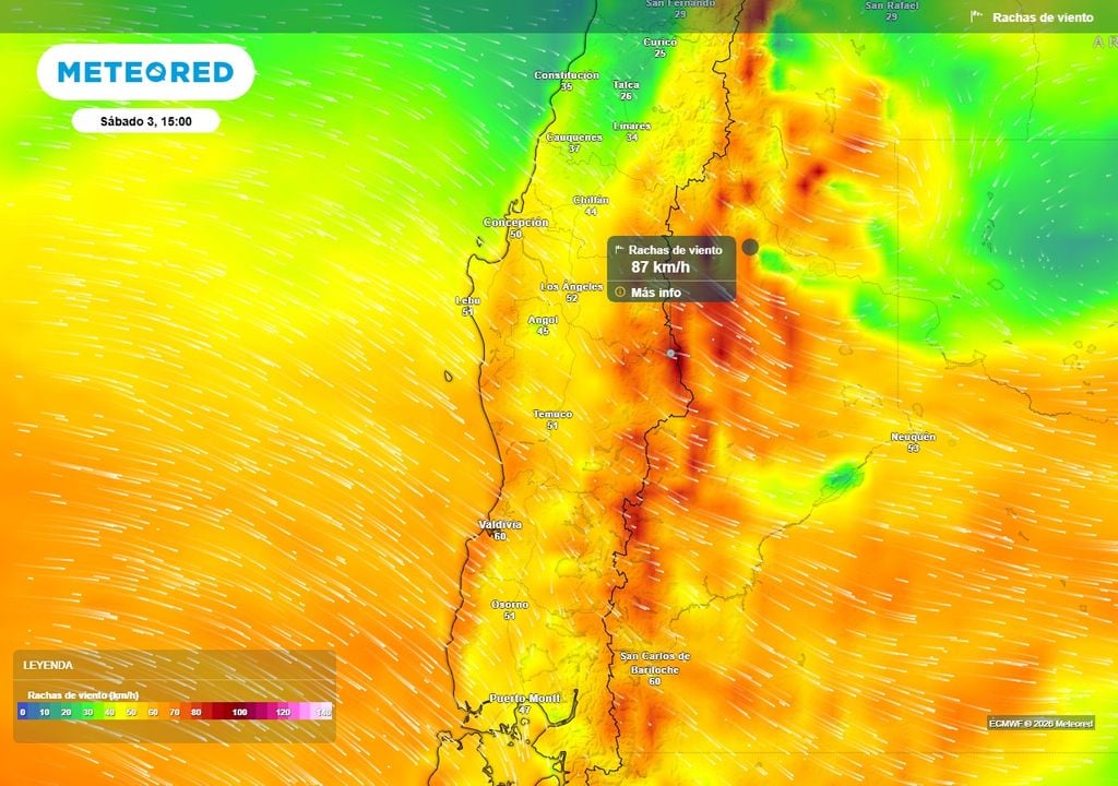 Lluvias sobre 100 mm, tormentas eléctricas y rachas de viento de 80 km/h para Chile centro-sur Rachas de viento (km/h) para la tarde del sábado (03) en Chile centro-sur.